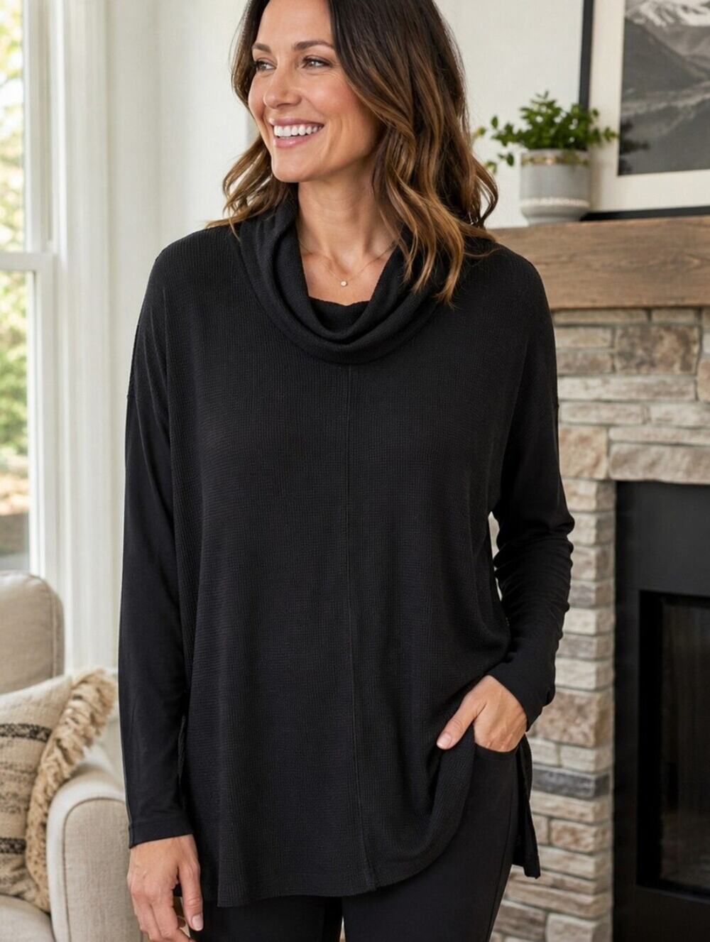 Splendid Black Waffle Knit Cowl Neck Tunic Top Large